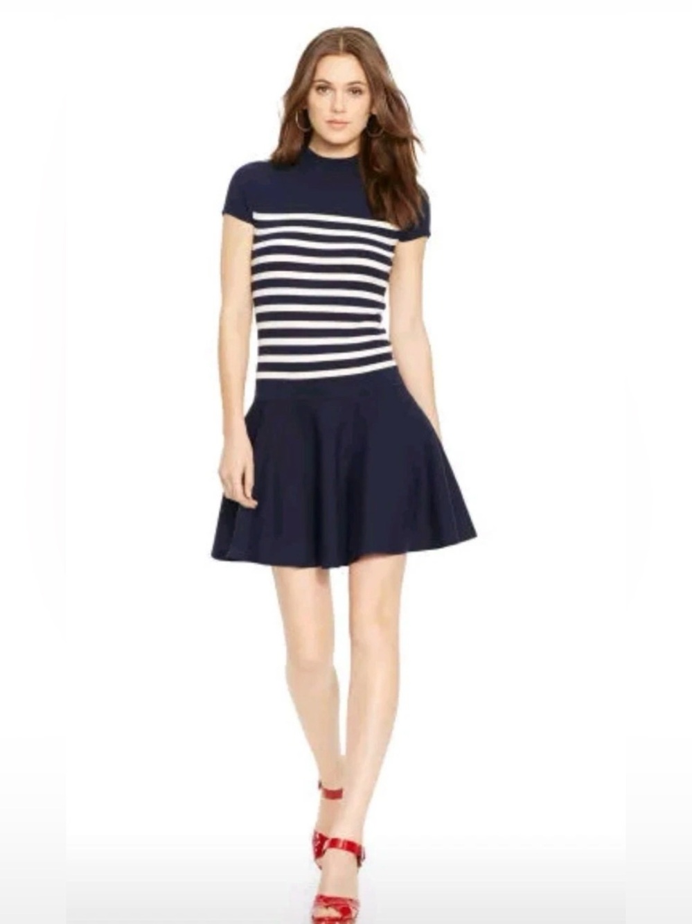 POLO Ralph Lauren Navy White Stretch  Ribbed Knit Sweater Dress Size Large